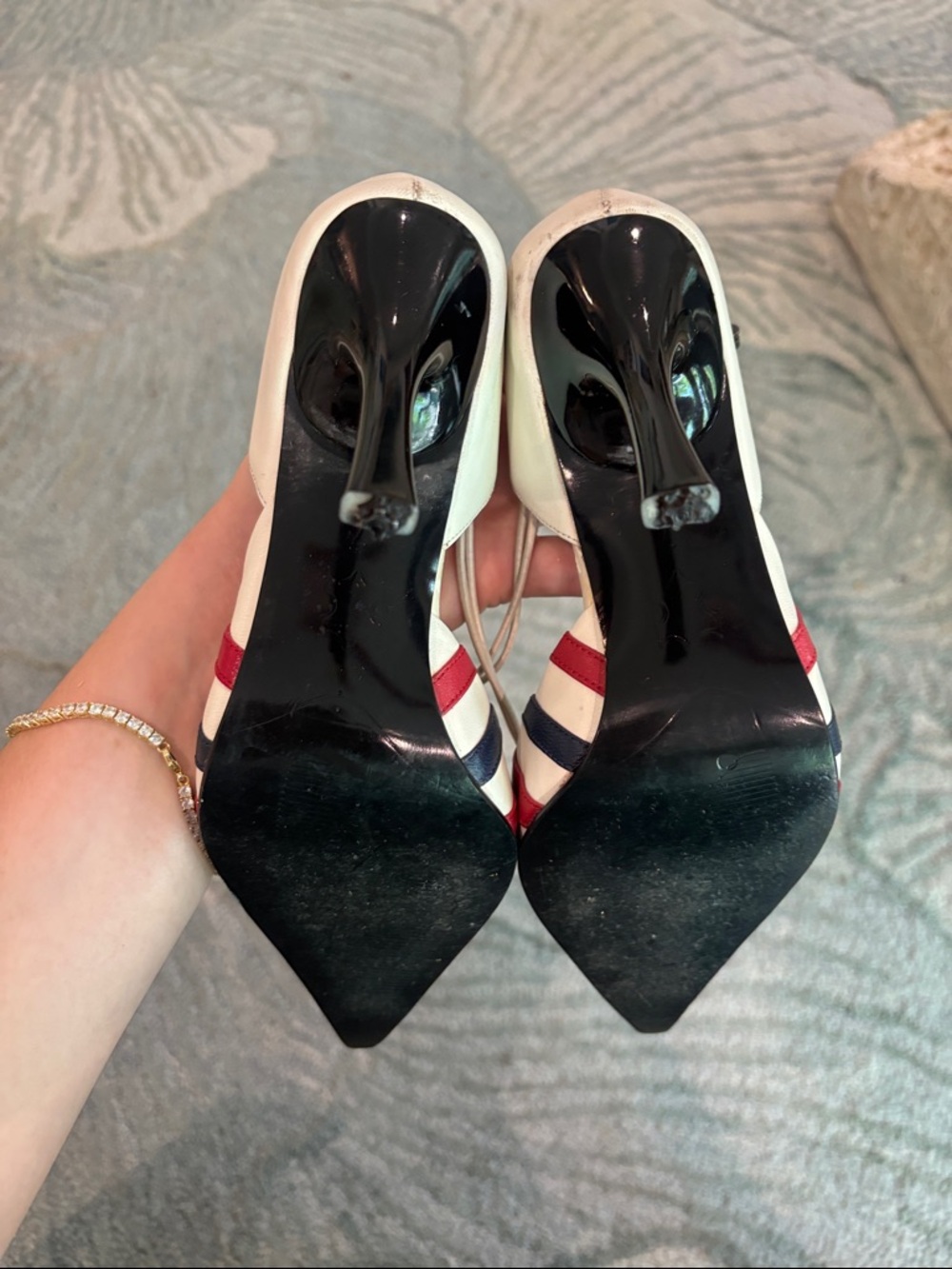 N.Y.L.A. Striped Pointed-Toe Ankle-Strap Pumps - White/Red/Navy - Picture 6 of 8